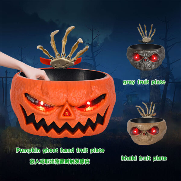 Halloween Candy Bowl Plastic Pumpkin Bowl With Motion Activated Hand, Halloween Serving Dishes Battery Operated Halloween Pumpkins Bowl For Trick-or-Treaters Party - Image 2